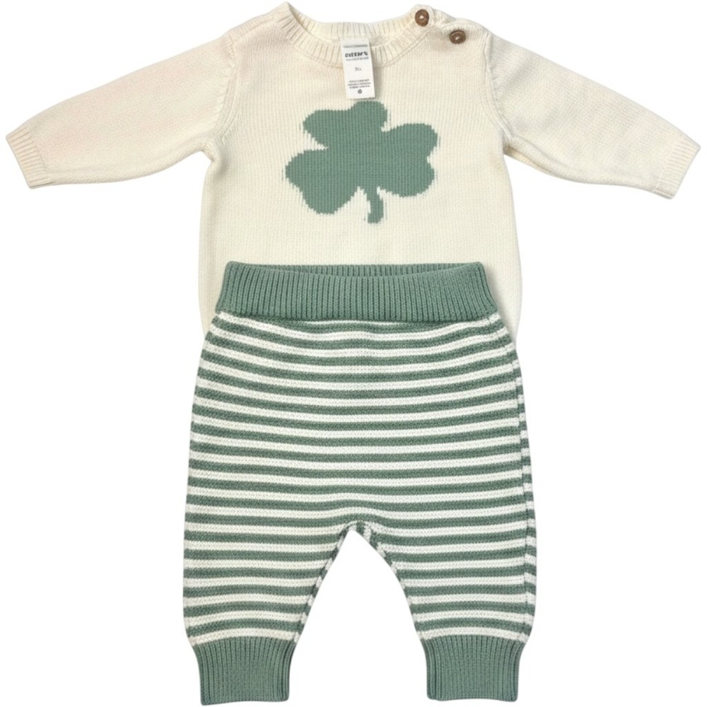 Carters Just One You Baby 3M Shamrock Knit Sweater and Striped Pants Set‎ Green